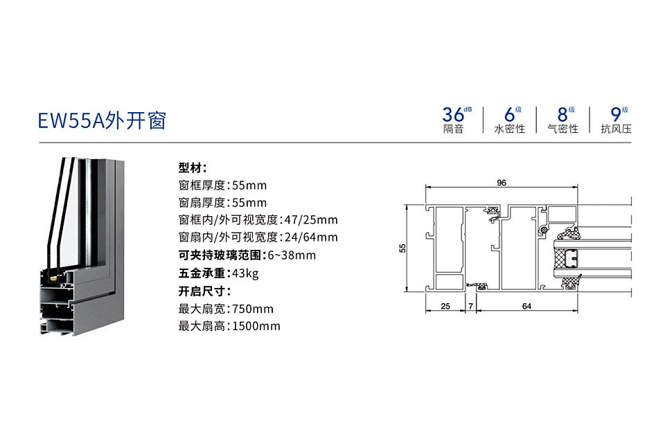 商用外开窗系统-EW55A外开窗